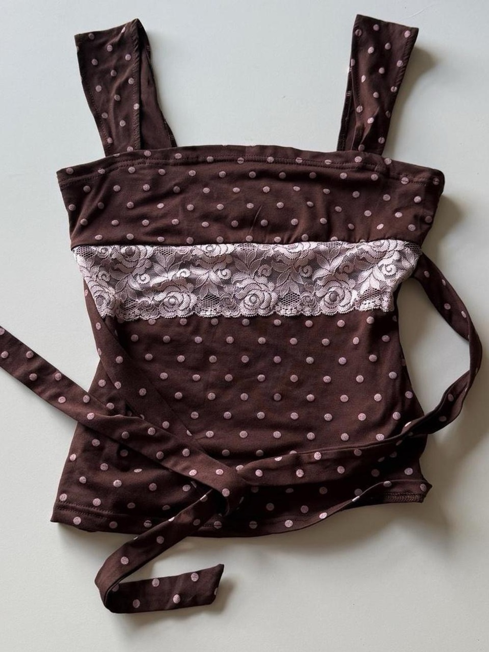 Polka Dot Lace Waist Cami Top in Brown and Light Pink - Picture 3 of 5